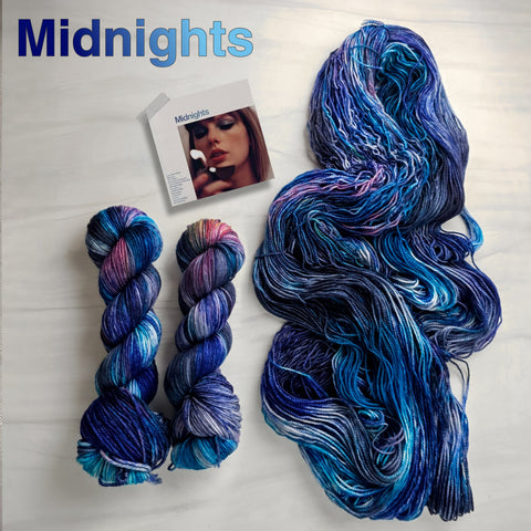 Midnights - Hand dyed yarn, blue sapphire maroon yellow grey-  Taylor Swift inspired yarn
