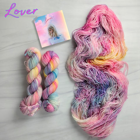 Lover - Hand dyed yarn, pink blue yellow-  Taylor Swift inspired yarn