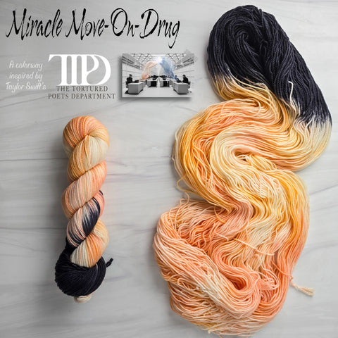 Miracle Move-On-Drug - Hand dyed yarn - Taylor Swift inspired - peach black assigned pooling