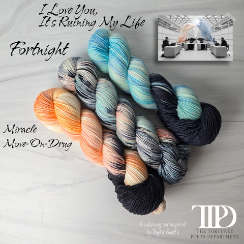 Fortnight yarn set of 3- Hand dyed yarn - Taylor Swift inspired - blue peach black white  assigned pooling