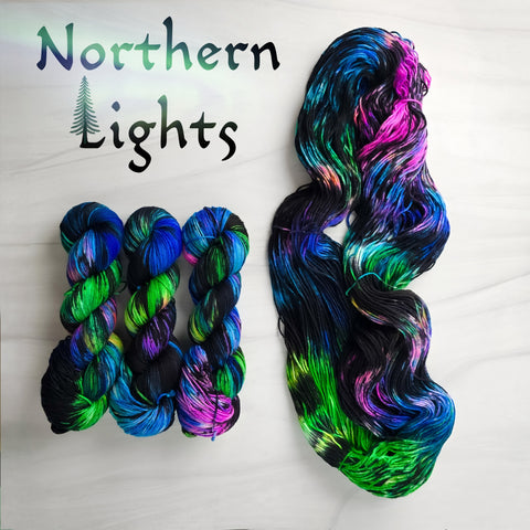 Northern lights - Hand dyed yarn black green blue pink purple