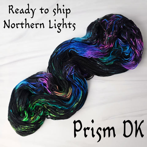 Ready to ship - Northern Lights - Priced per skein - SW Merino silk DK weight-  black blue green pink purple Aurora borealis