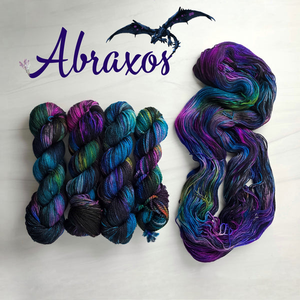 Abraxos - Hand dyed yarn grey violet black green blue pink purple - inspired by Sarah J Maas throne of Glass book series