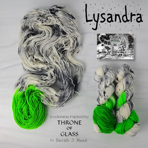 Lysandra - Hand dyed yarn - white grey black spots green assigned color pooling  - inspired by Sarah J Maas throne of Glass book series