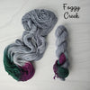 Foggy Creek - Hand dyed assigned pooling yarn - silver grey with burgundy maroon and teal forest pop