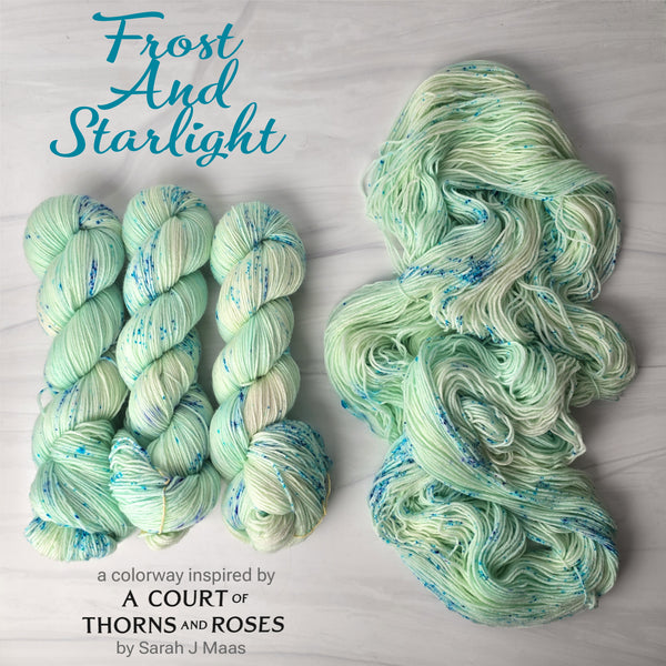 Frost And Starlight - Hand dyed yarn, Fingering Weight, speckled inspired by ACOTAR by Sarah J Maas - light aqua turquoise with blue speckles