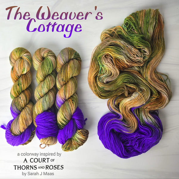 The Weaver's Cottage - Hand dyed yarn, Fingering Weight, assigned pooling inspired by ACOTAR by Sarah J Maas - Brown caramel green moss blue violet purple