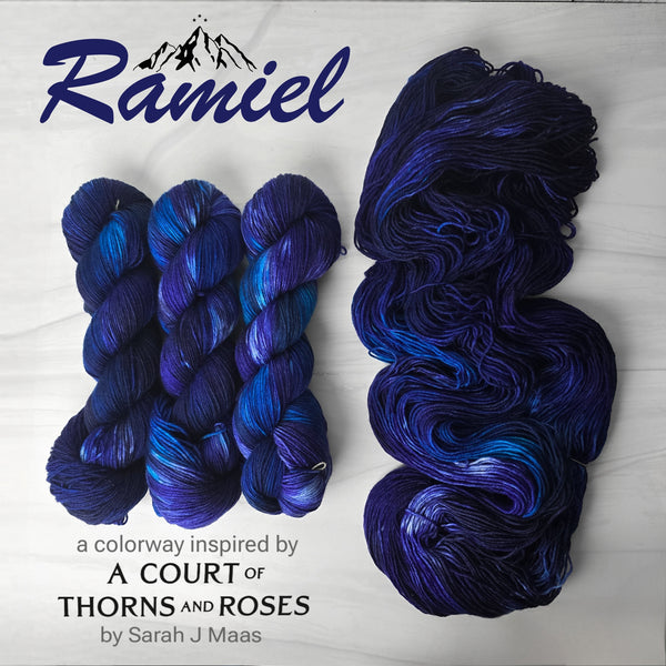 Ramiel - Hand dyed yarn, Fingering Weight, speckled tonal inspired by ACOTAR by Sarah J Maas - dark midnight blue with turquoise and sapphire