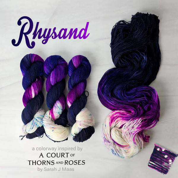 Rhysand - Hand dyed Assigned Pooling yarn, Fingering Weight, speckled tonal inspired by ACOTAR by Sarah J Maas - dark midnight blue purple violet berry with a white speckled color pop