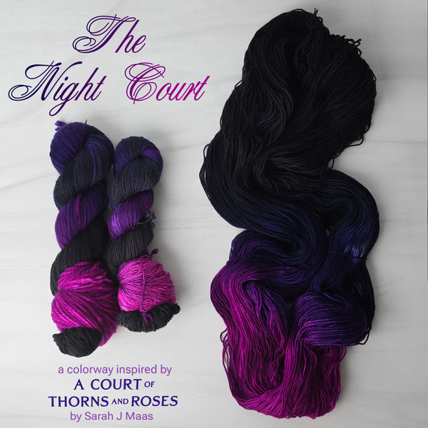 The Night Court - Hand dyed Assigned Pooling yarn, Fingering Weight, speckled tonal inspired by ACOTAR by Sarah J Maas - black and dark midnight blue purple magenta color pop Gothic