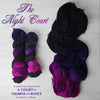 The Night Court - Hand dyed Assigned Pooling yarn, Fingering Weight, inspired by ACOTAR by Sarah J Maas - black and dark midnight blue purple magenta color pop Gothic