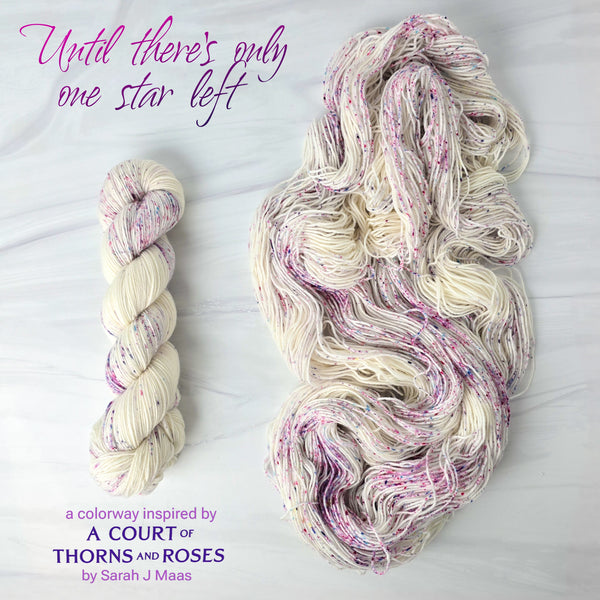 Until there's only one star left - Hand dyed yarn, Fingering Weight, speckled inspired by ACOTAR by Sarah J Maas - white background speckled with pink purple colors matches rhysand colorway