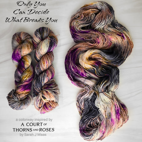 Only You Can Decide What Breaks You - Hand dyed yarn, Fingering Weight, speckled tonal inspired by ACOTAR by Sarah J Maas - dark grey brown violet purple berry brown speckles