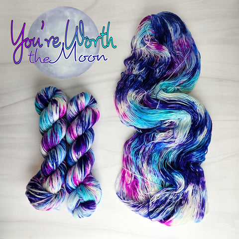 You're Worth the Moon - Hand dyed yarn, Fingering dk worsted Aran bulky Weight, speckled - white with purple violet eggplant midnight blue indigo