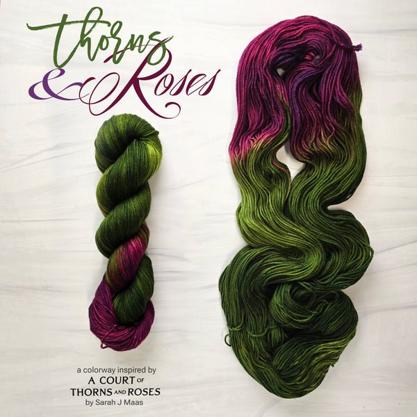 Thorns and Roses - Hand dyed yarn, Fingering Weight, assigned pooling inspired by ACOTAR by Sarah J Maas - moss green and a berry maroon pop