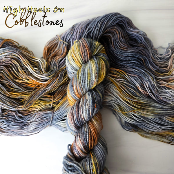 High Heels On Cobblestones - Hand dyed yarn, grey neutrals brown caramel bronze yellow speckled-  Taylor Swift inspired yarn