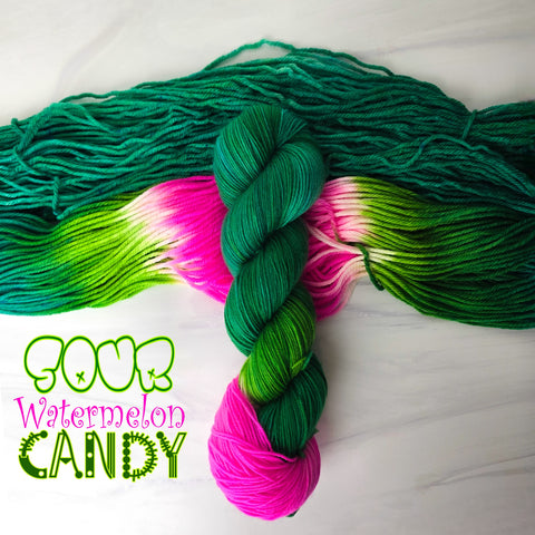 Sour Watermelon Candy- Hand dyed assigned pooling yarn - vibrant green with a pop of sour apple lime and fuchsia magenta hot pink