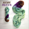 Mother Above - Hand dyed yarn, Fingering Weight, assigned pooling inspired by ACOTAR by Sarah J Maas - Sage Green with a pop of brown and boysenberry purple eggplant