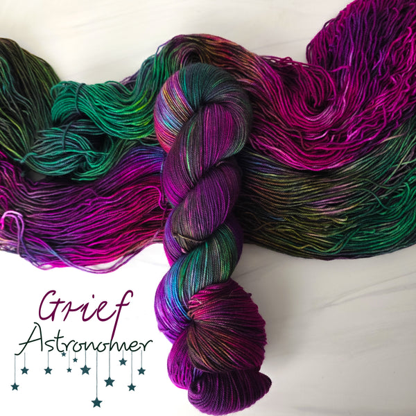 Grief Astronomer - Hand dyed variegated yarn, dyed to order on Fingering DK sport worsted Aran or bulky Weight, inspired by the poetry of Andrea Gibson - magenta pink purple teal green brown