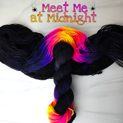 Meet Me at Midnight - Hand dyed yarn -SW Merino Fingering Weight black with a pop of pink and yellow Taylor Swift inspired