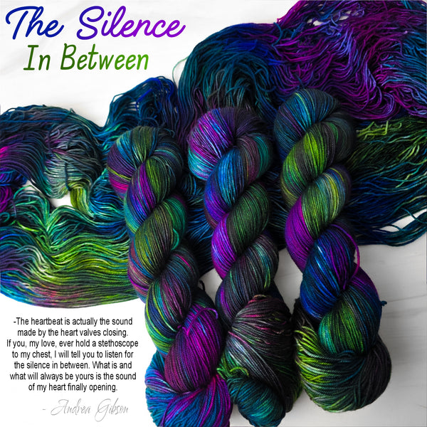 The Silence In Between - Hand dyed yarn, black sapphire blue midnight magenta purple moss green lime - Andrea Gibson Poetry inspired