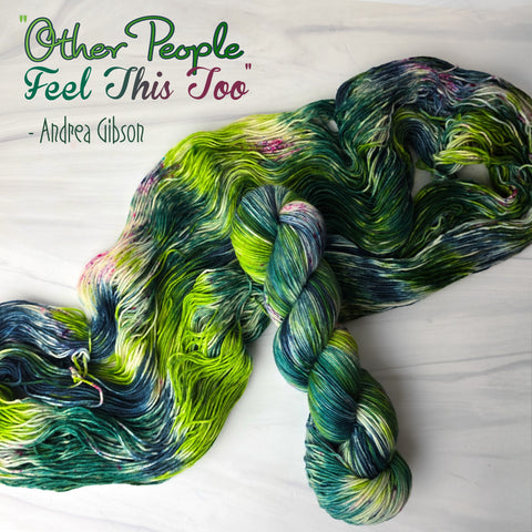 Other People Feel This Too - Hand dyed yarn, bright avocado lime green with teal and purple pink speckles - Andrea Gibson Poetry inspired