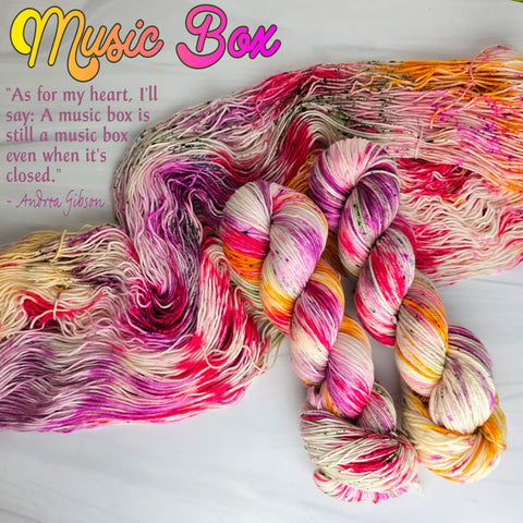 Music Box - Hand dyed yarn, orange fuchsia magenta purple white green speckled - Andrea Gibson Poetry inspired