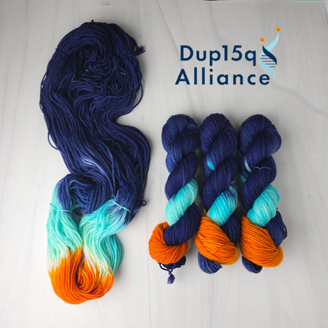 Dup15q Alliance- Hand dyed yarn, navy turquoise and orange dup15q alliance colors assigned pooling