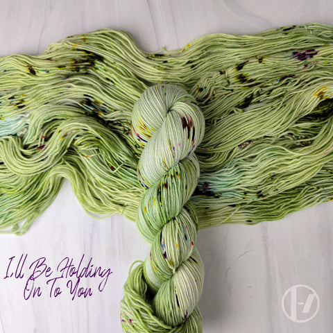 I'll be holding on to you - Hand dyed yarn, light moss green with dark moss green and purple speckles inspired by twenty one pilots 21 lyrics