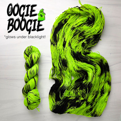 Oogie Boogie - Hand dyed yarn - Nightmare Before Christmas inspired collection - neon glows under blacklight lime green and black