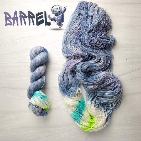 Barrel - Hand dyed yarn, assigned pooling - Nightmare Before Christmas inspired collection - periwinkle blue grey with pop of white and neon blue and lime green glows under blacklight