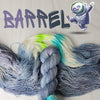 Barrel - Hand dyed yarn, assigned pooling - Nightmare Before Christmas inspired collection - periwinkle blue grey with pop of white and neon blue and lime green glows under blacklight