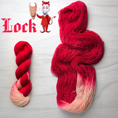 Lock - Hand dyed yarn, assigned pooling - Nightmare Before Christmas inspired collection - red with peach pop of color devil