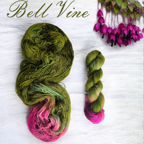 Bell Vine - Hand dyed assigned pooling yarn - moss green with pink maroon pop