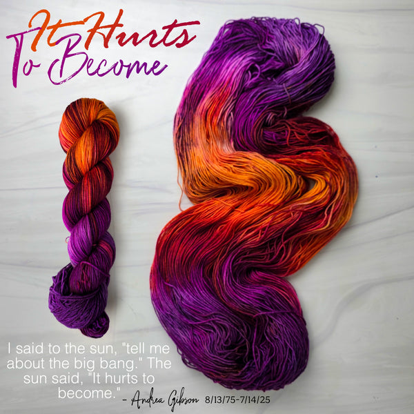 It Hurts to Become - Hand dyed yarn, orange fuchsia magenta purple white speckled - Andrea Gibson Poetry inspired