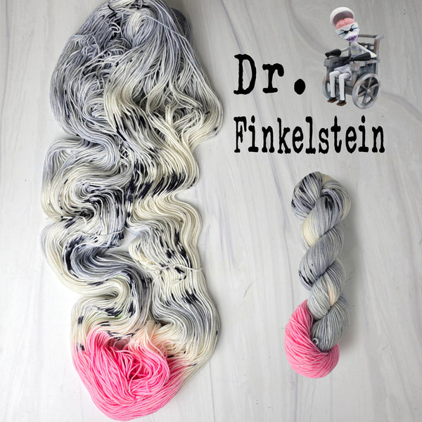 Dr Finkelstein - Hand dyed yarn, assigned pooling - Nightmare Before Christmas inspired collection - white grey pink black speckles