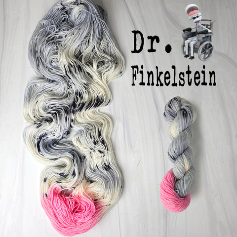 Dr Finkelstein - Hand dyed yarn, assigned pooling - Nightmare Before Christmas inspired collection - white grey pink black speckles