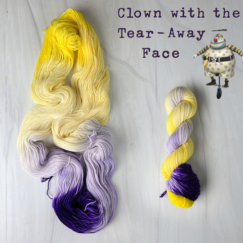 Clown with the tear-away face - Hand dyed yarn, assigned pooling - Nightmare Before Christmas inspired collection - light violet purple light yellow