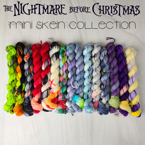 Nightmare Before Christmas mini yarn set of 15 variegated 20g skeins - Hand dyed  fingering sock weight 87 yards each Halloween Christmas colors ready to ship