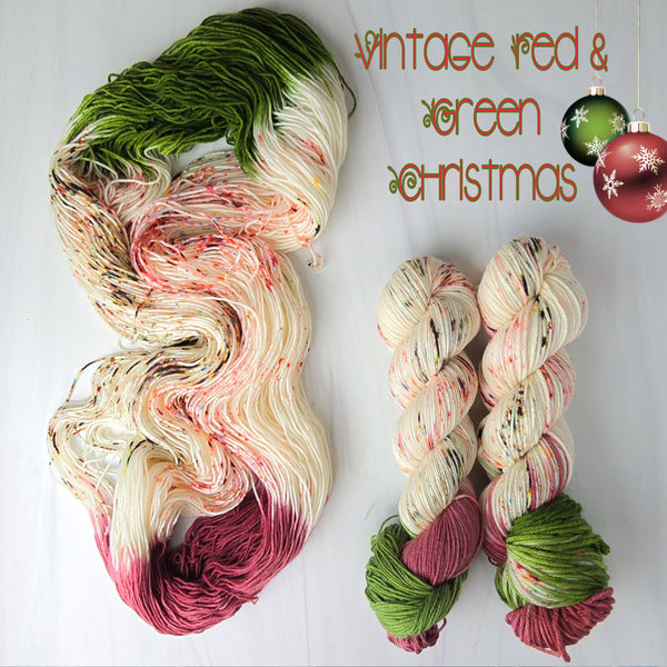 Vintage Red & Green Christmas - Hand dyed assigned pooling yarn -SW Merino choose your base fingering sock dk lace bulky aran - white with speckles and a pop of muted red and green