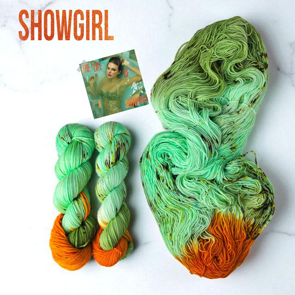 The Life Of A Showgirl - Hand dyed assigned pooling yarn, mint green and moss yarn with a pop of orange -  Taylor Swift inspired yarn