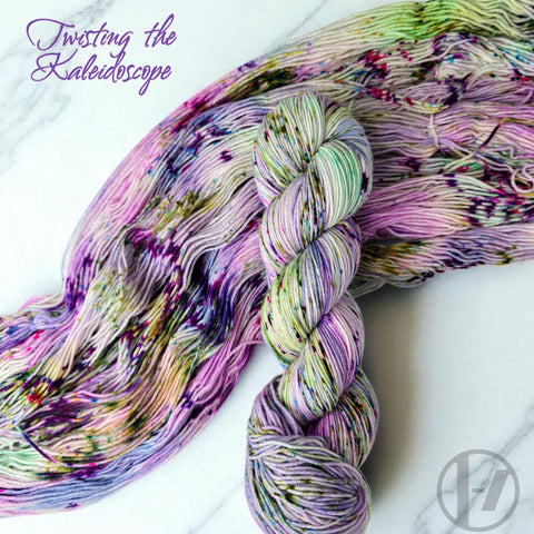 Twisting the Kaleidoscope - Hand dyed yarn, light moss green periwinkle lilac lavender purple with dark moss green and purple speckles inspired by twenty one pilots 21 lyrics