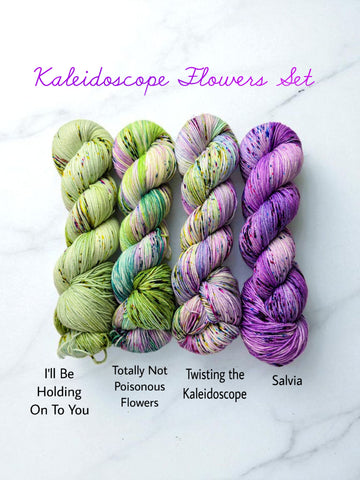 Kaleidoscope Flowers yarn set - four full sized 100g skeins of Hand dyed yarn - speckled green and purple colors dyed to order