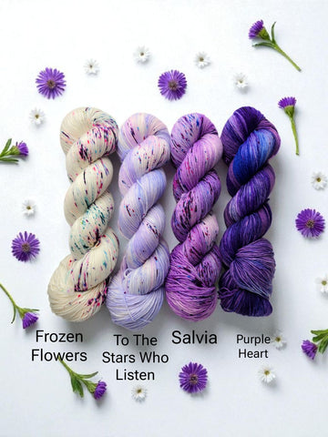 Speckled Purple Aster yarn set - four full sized 100g skeins of Hand dyed yarn - speckled white lilac dark violet purple colors dyed to order