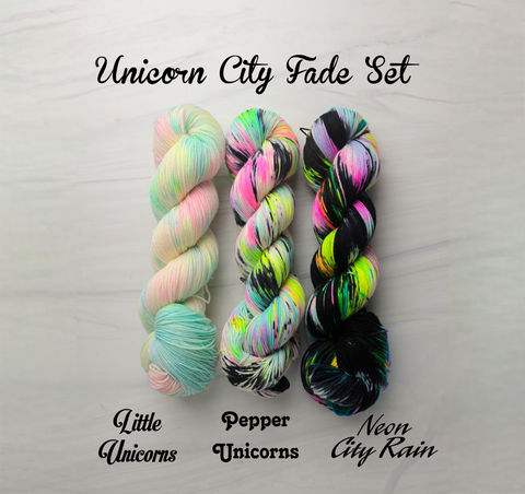 Unicorn City yarn set - three full sized 100g skeins of Hand dyed yarn -white neon rainbow black -  dyed to order