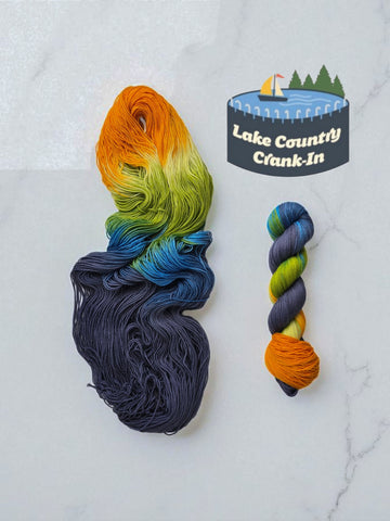 Lake Country Crank In - pre-order - Hand dyed yarn -  Orange yellow green blue blue grey