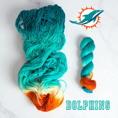 Miami Dolphins - Hand dyed assigned pooling yarn -  Fingering to bulky- aqua turquoise orange white team colors Florida