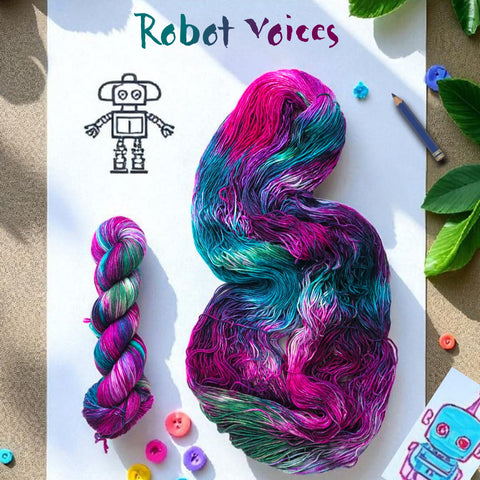 Robot Voices - Hand dyed yarn,  teal green blue berry magenta pink purple speckles inspired by twenty one pilots 21 lyrics