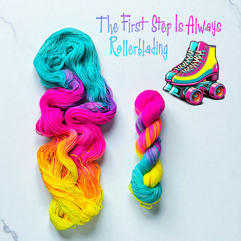 The first step is always rollerblading - Hand dyed yarn, Fingering Weight, palindrome  - florescent fuchsia yellow aqua blue glows in black light, inspired by Barbie movie