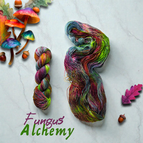 Fungus Alchemy - Hand dyed yarn, Fingering Weight, Halloween yarn - wine plum teal acid green storm grey